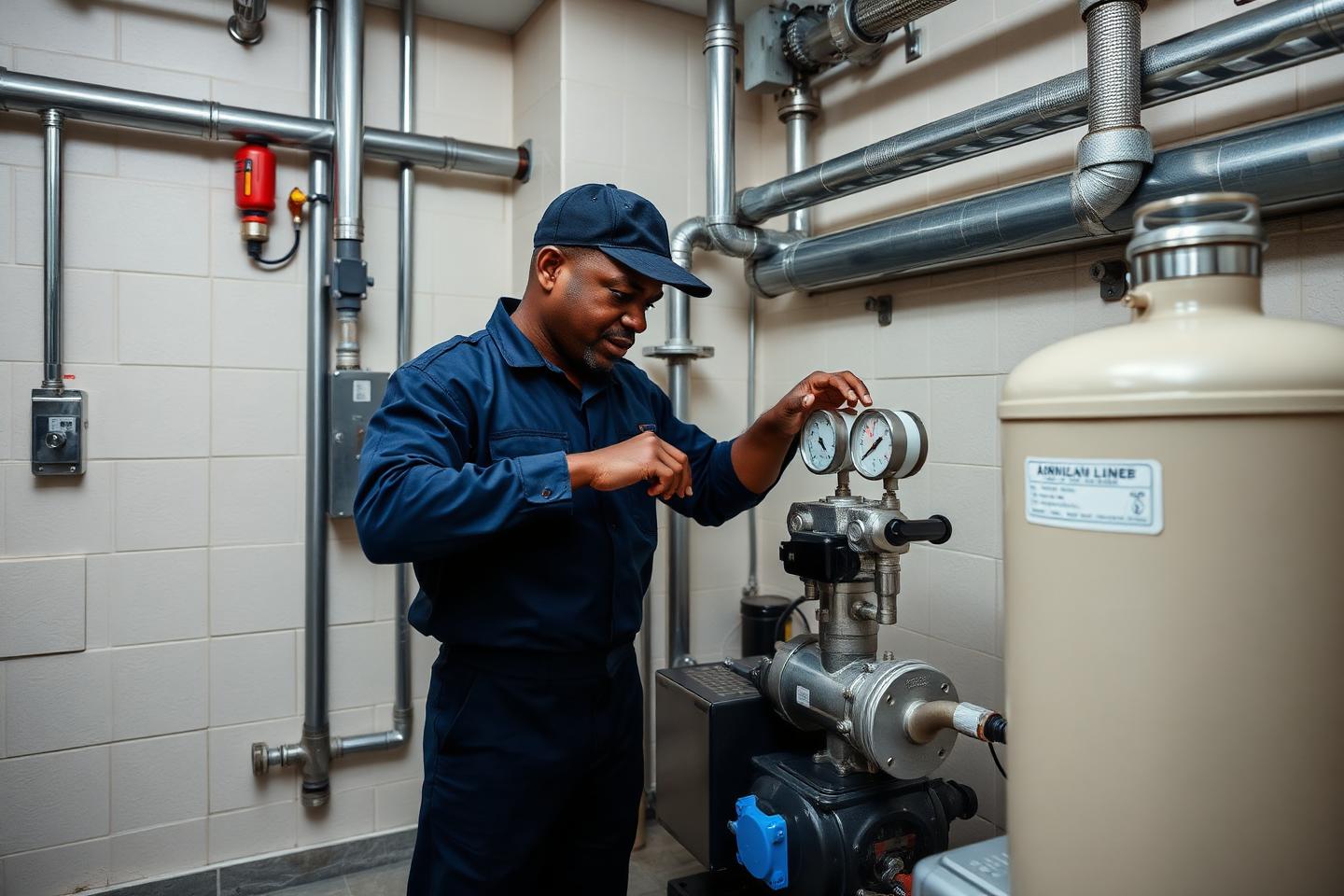 Ghanaian maintenance engineer checking gauges on a commercial water softener and pump skid
