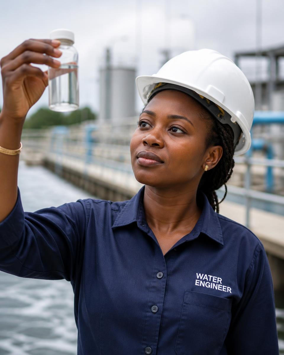 Ghanaian female water engineer in a white hard hat holding a water sample bottle up to the light