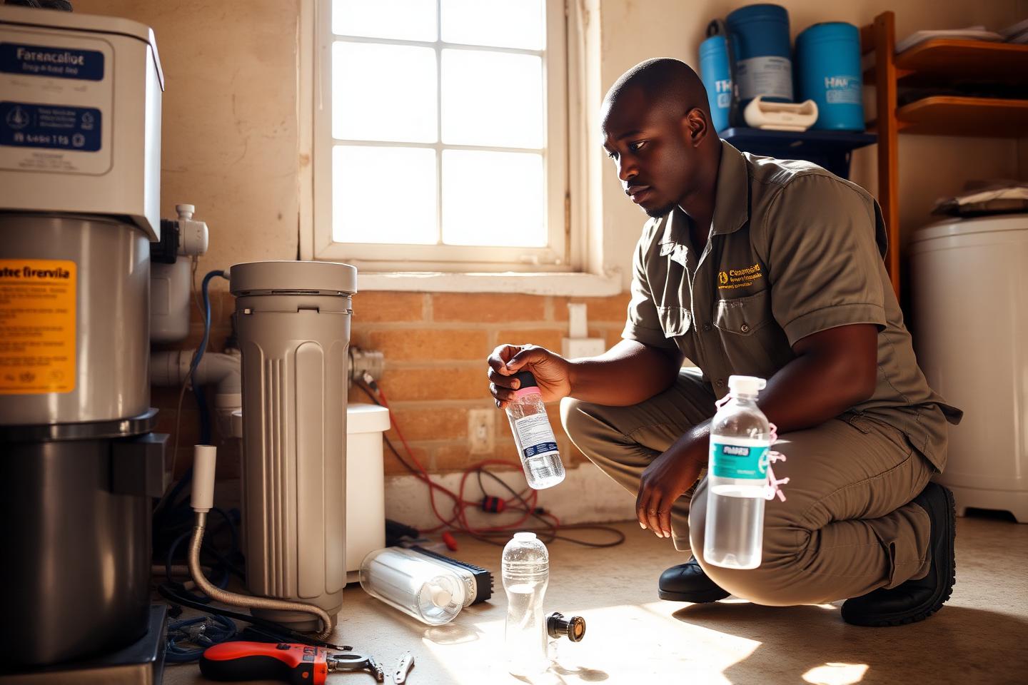 Service technician replacing filter cartridges on a reverse osmosis unit
